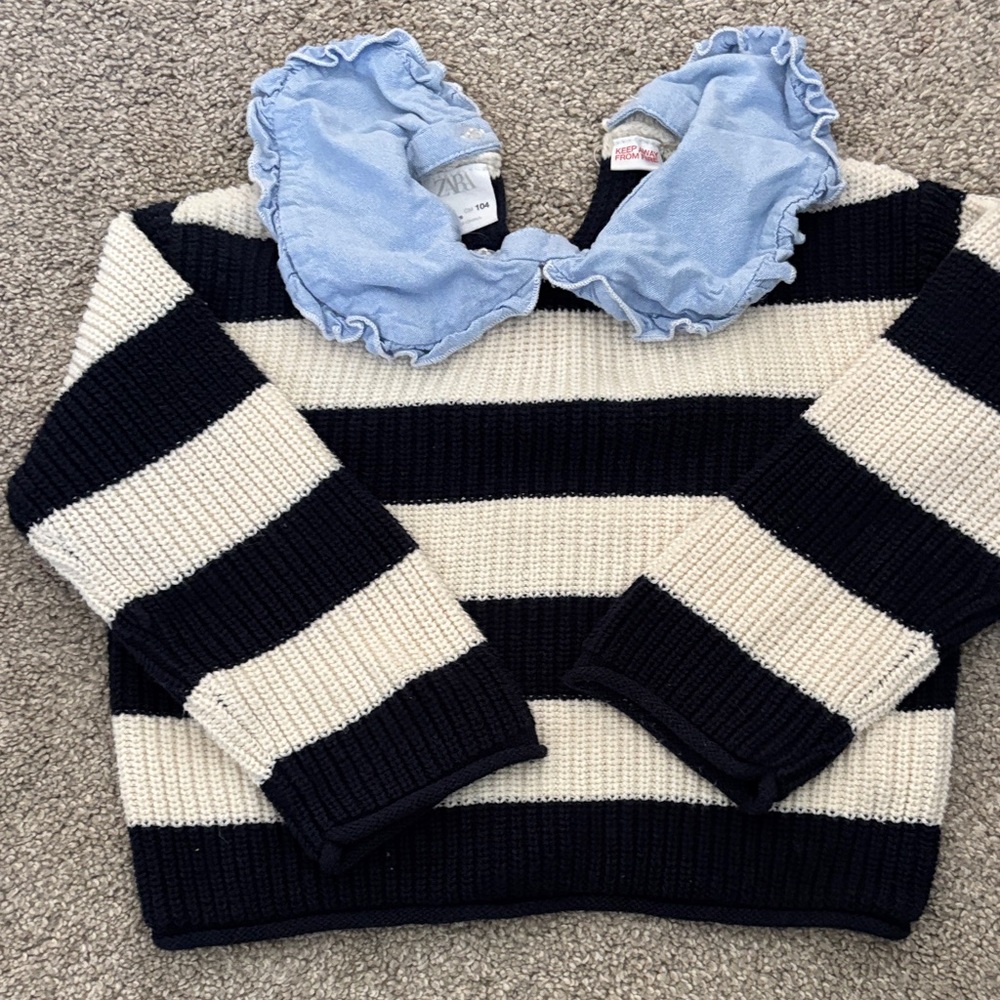 Striped Black and Cream girls Sweater with Blue Collar